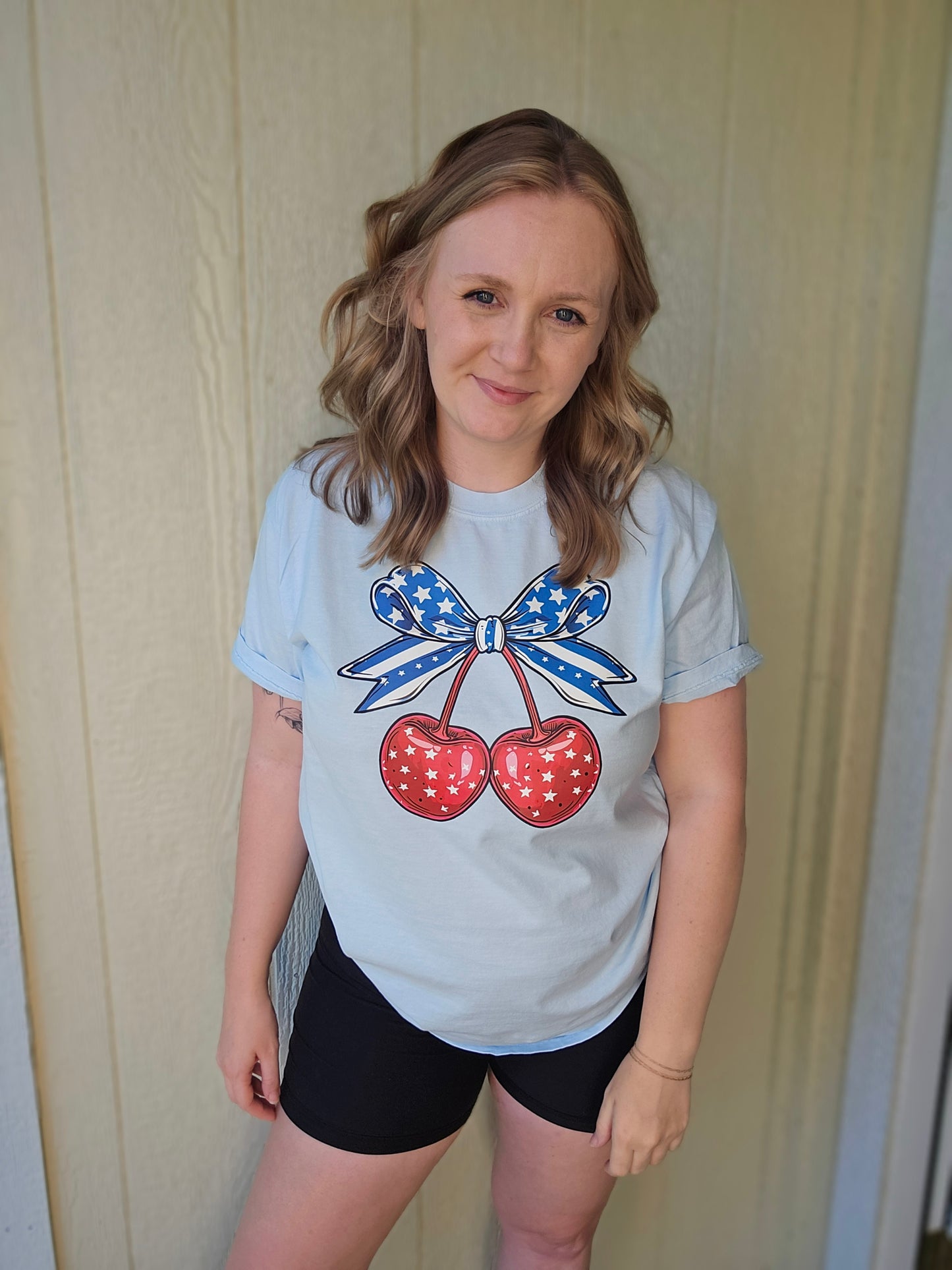 USA CHERRIES Light Blue Vintage Wash Short Sleeve Tee