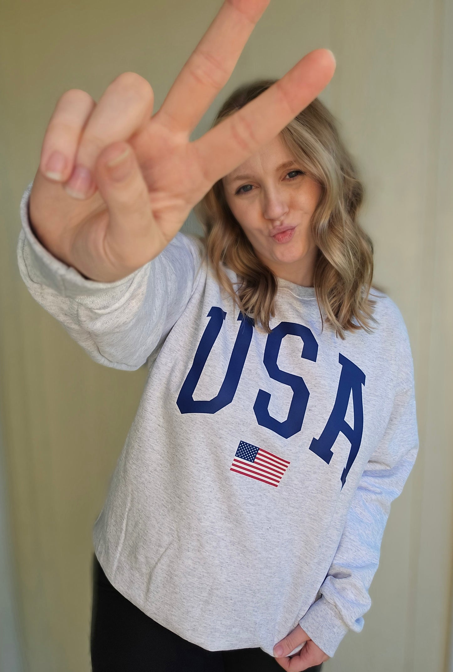 USA FLAG Varsity Ash Grey Crewneck Sweatshirt