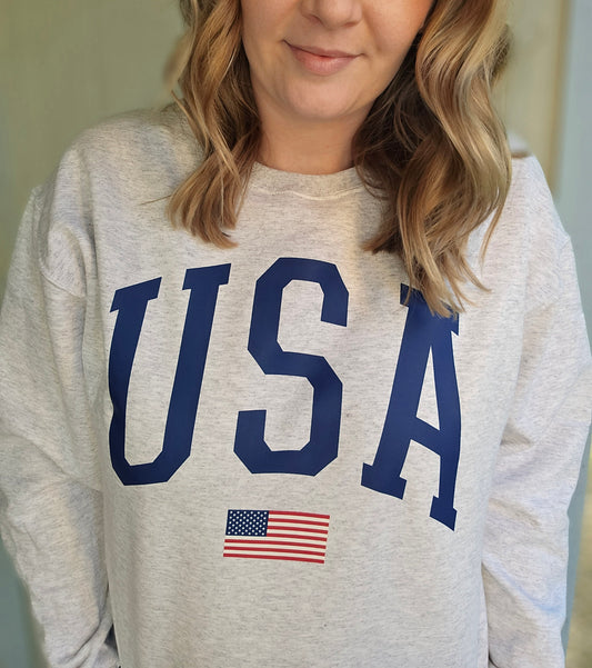 USA FLAG Varsity Ash Grey Crewneck Sweatshirt