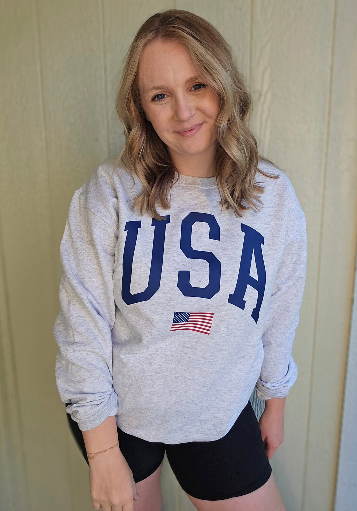 USA FLAG Varsity Ash Grey Crewneck Sweatshirt