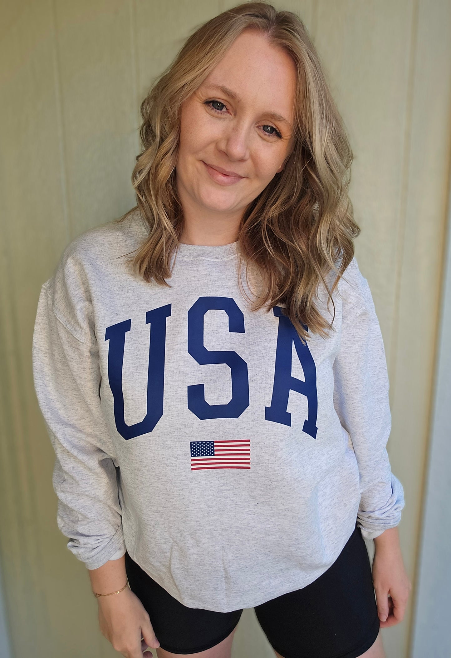 USA FLAG Varsity Ash Grey Crewneck Sweatshirt