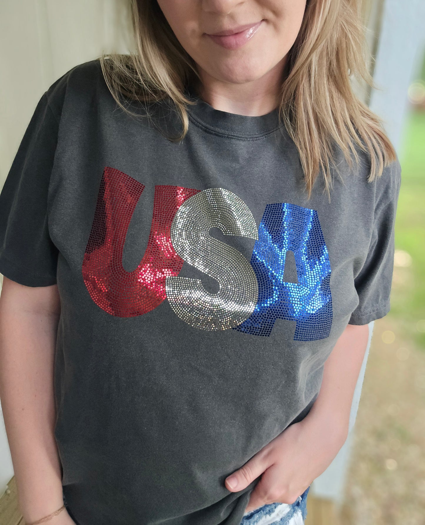 USA *Spangle* Charcoal Vintage Wash Short Sleeve Tee