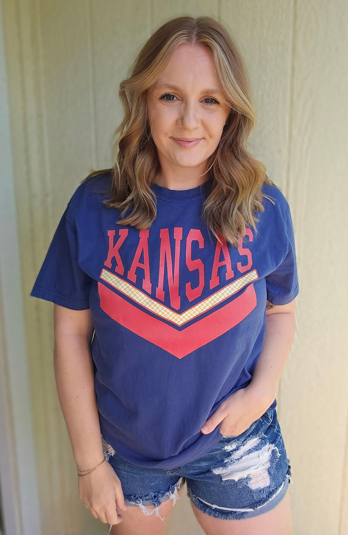 KANSAS Checkered Royal Blue Vintage Wash Short Sleeve Tee