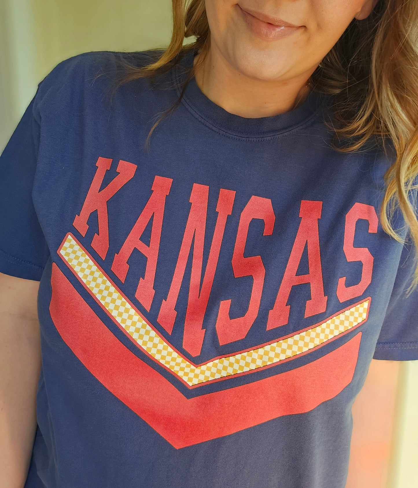 KANSAS Checkered Royal Blue Vintage Wash Short Sleeve Tee