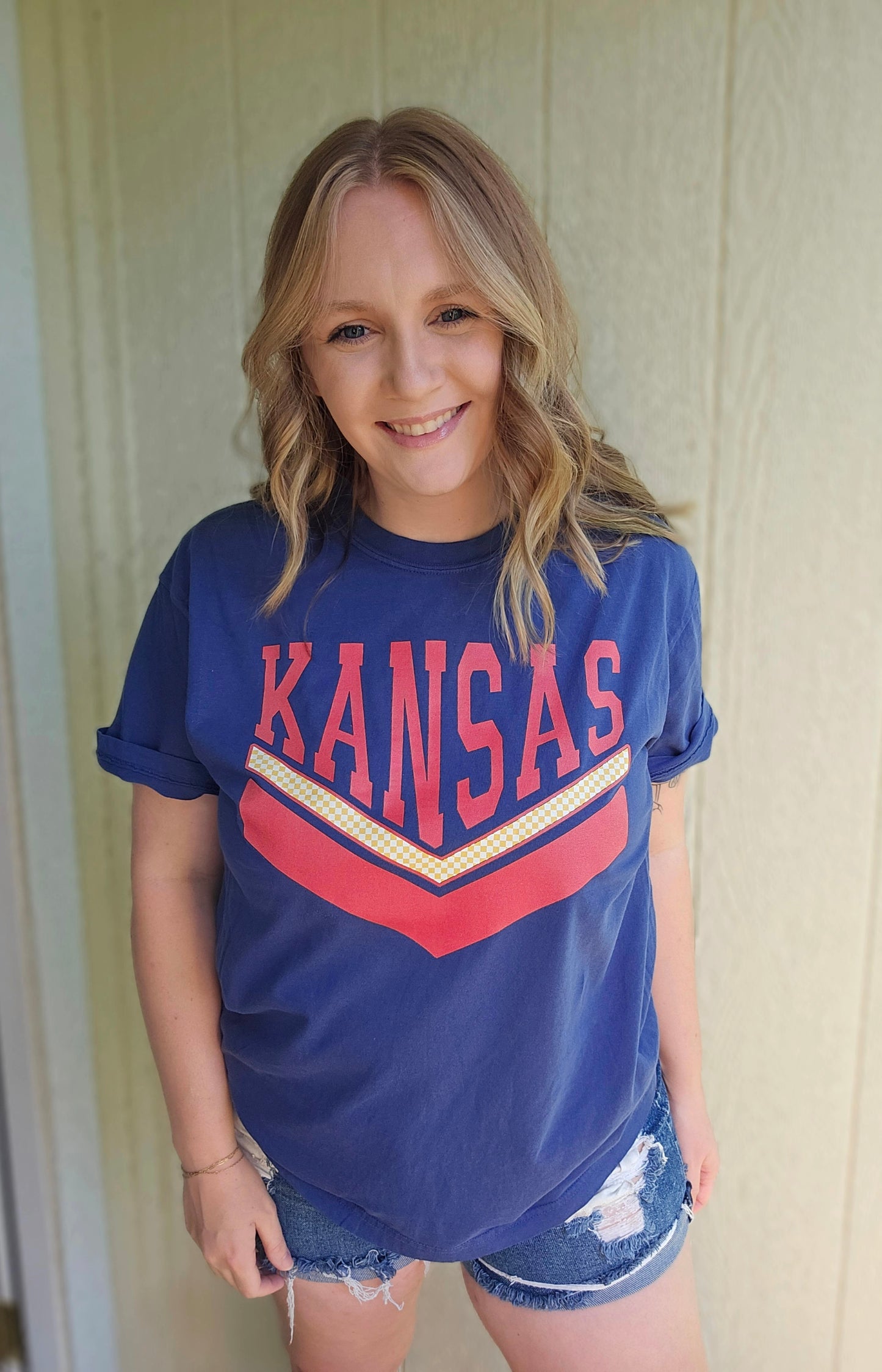 KANSAS Checkered Royal Blue Vintage Wash Short Sleeve Tee