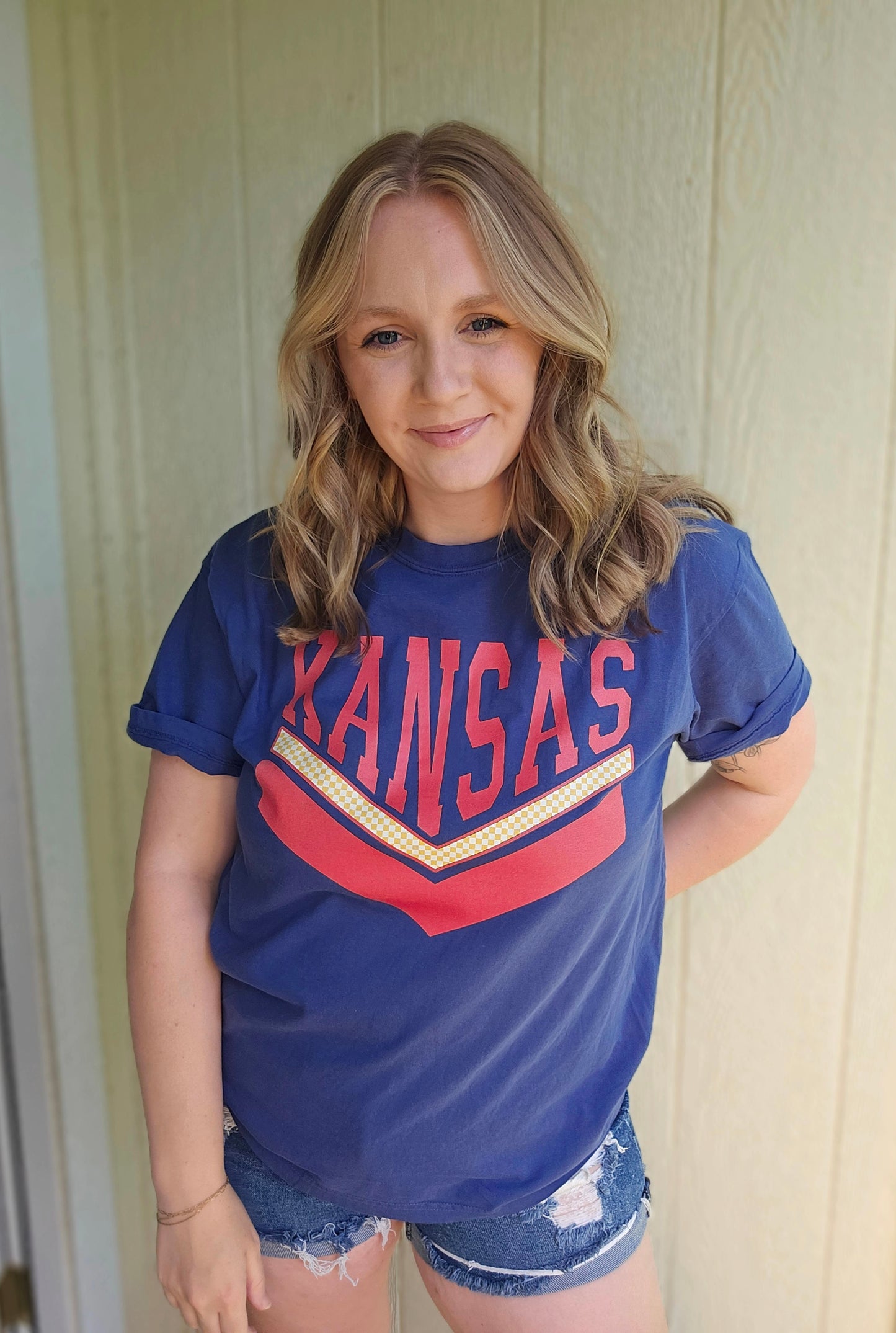 KANSAS Checkered Royal Blue Vintage Wash Short Sleeve Tee