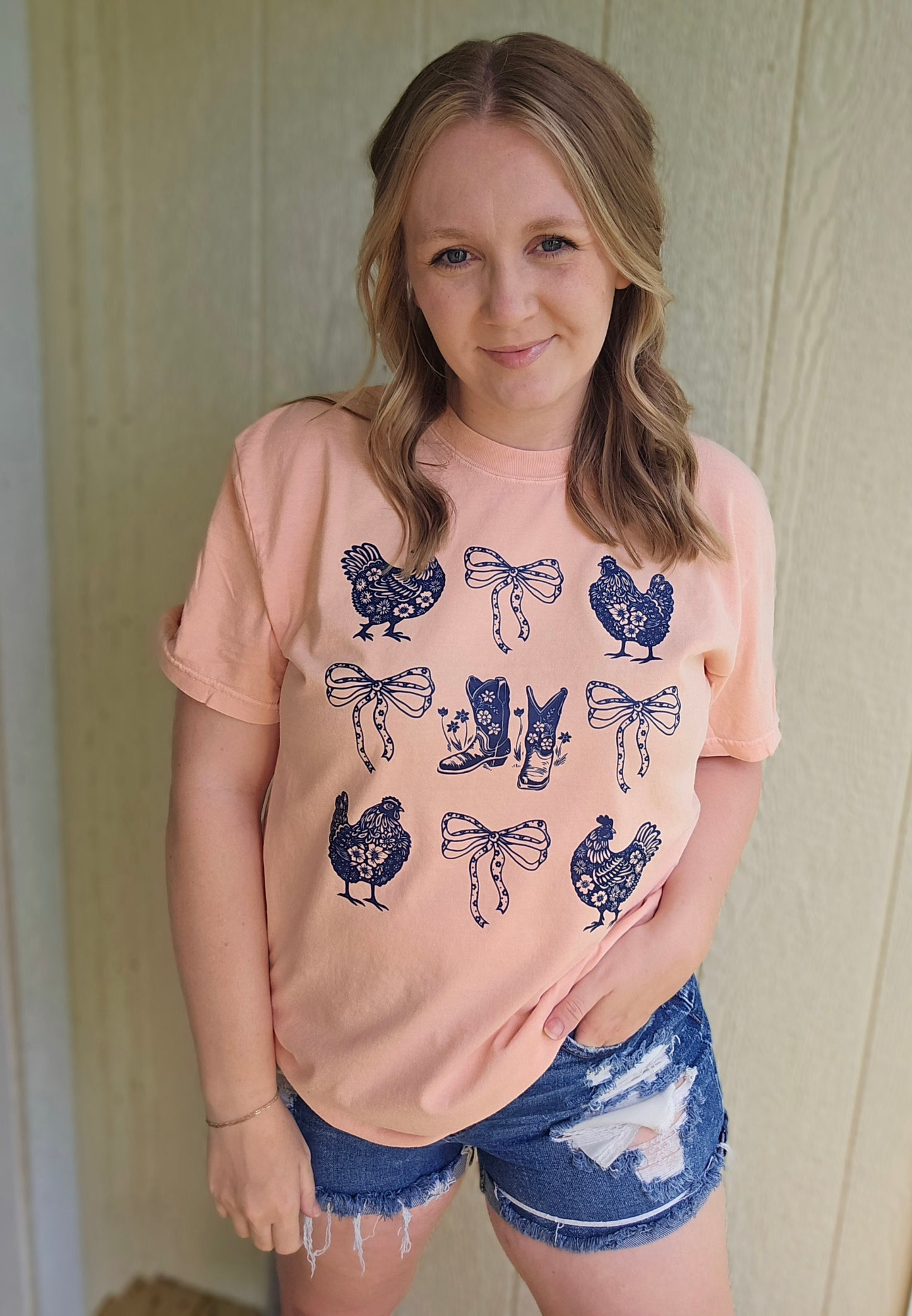 BOWS & CHICKENS Peach Vintage Wash Short Sleeve Tee