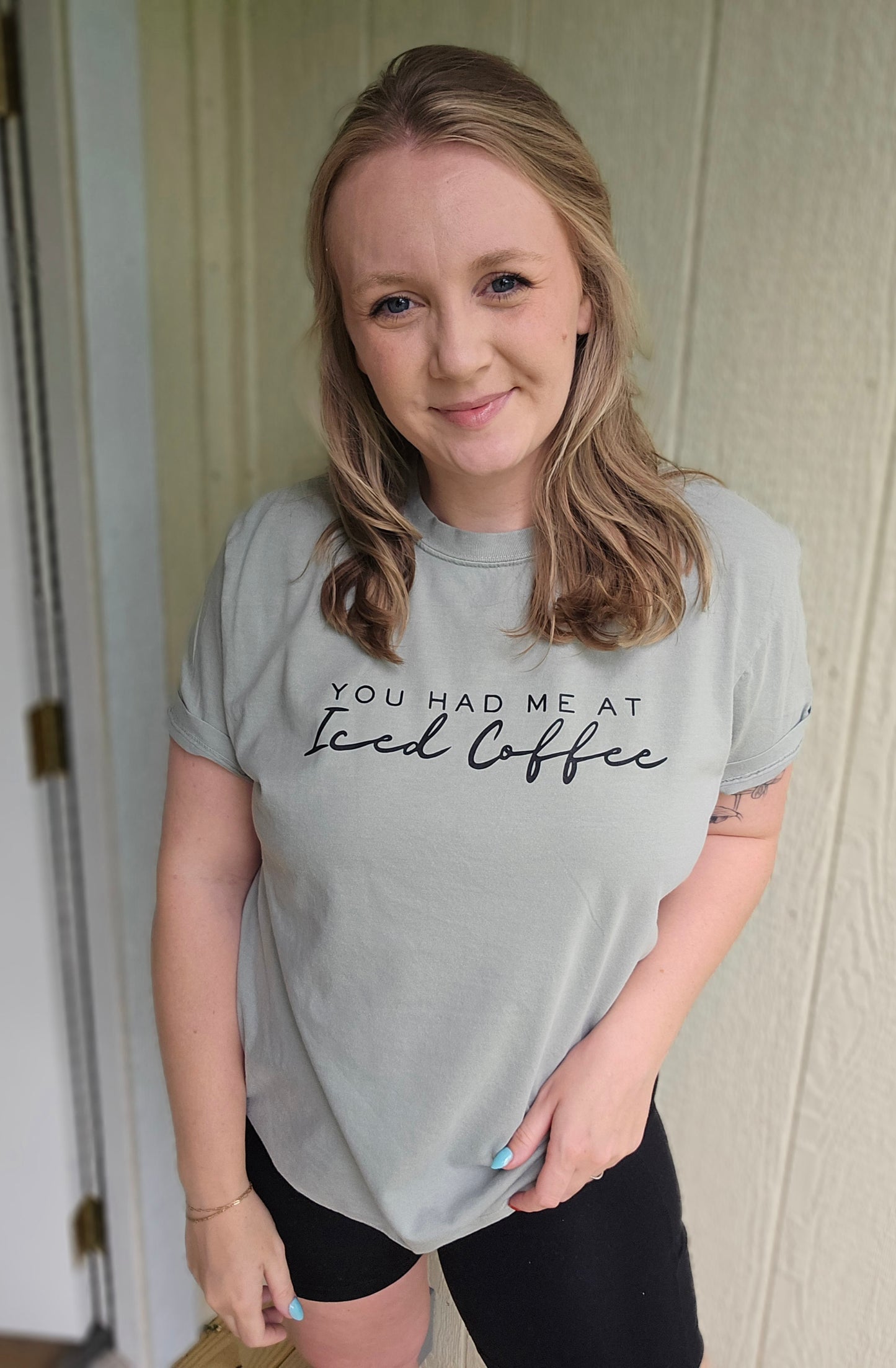 HAD ME AT ICED COFFEE Sage Vintage Wash Short Sleeve Tee