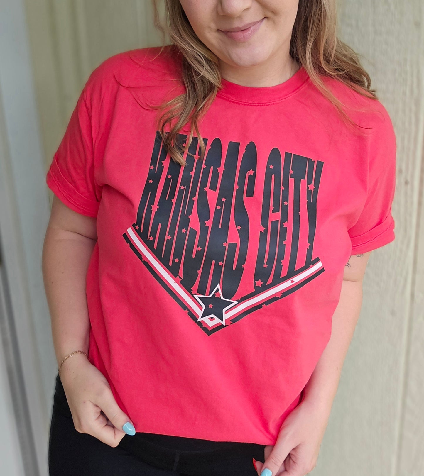 KANSAS CITY Star Neon Red Vintage Wash Short Sleeve Tee