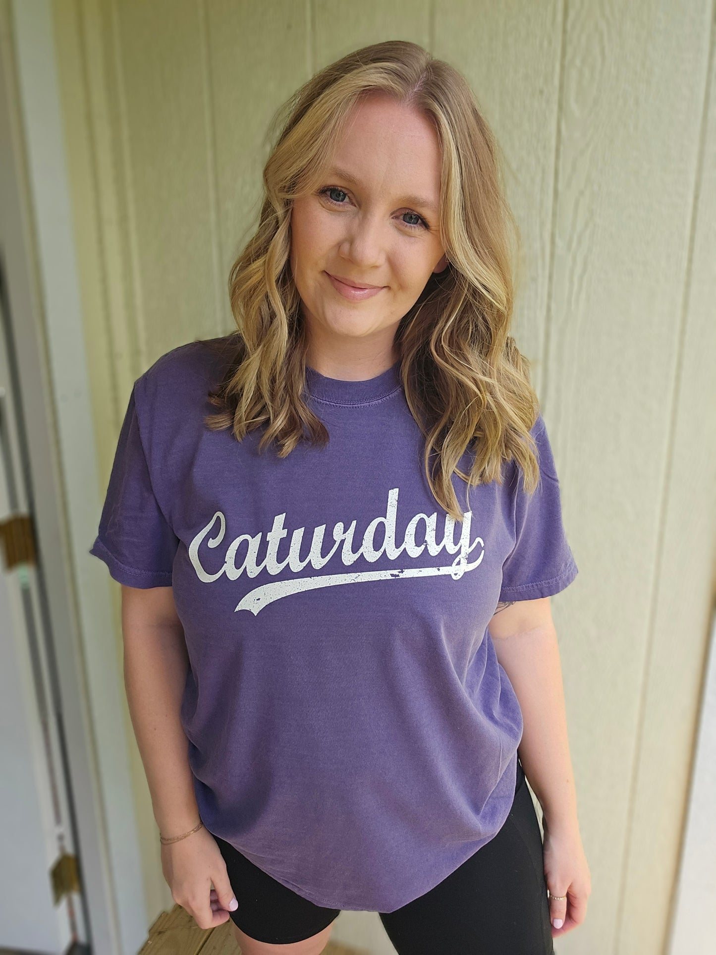 CAT-URDAY Purple Vintage Wash Short Sleeve Tee