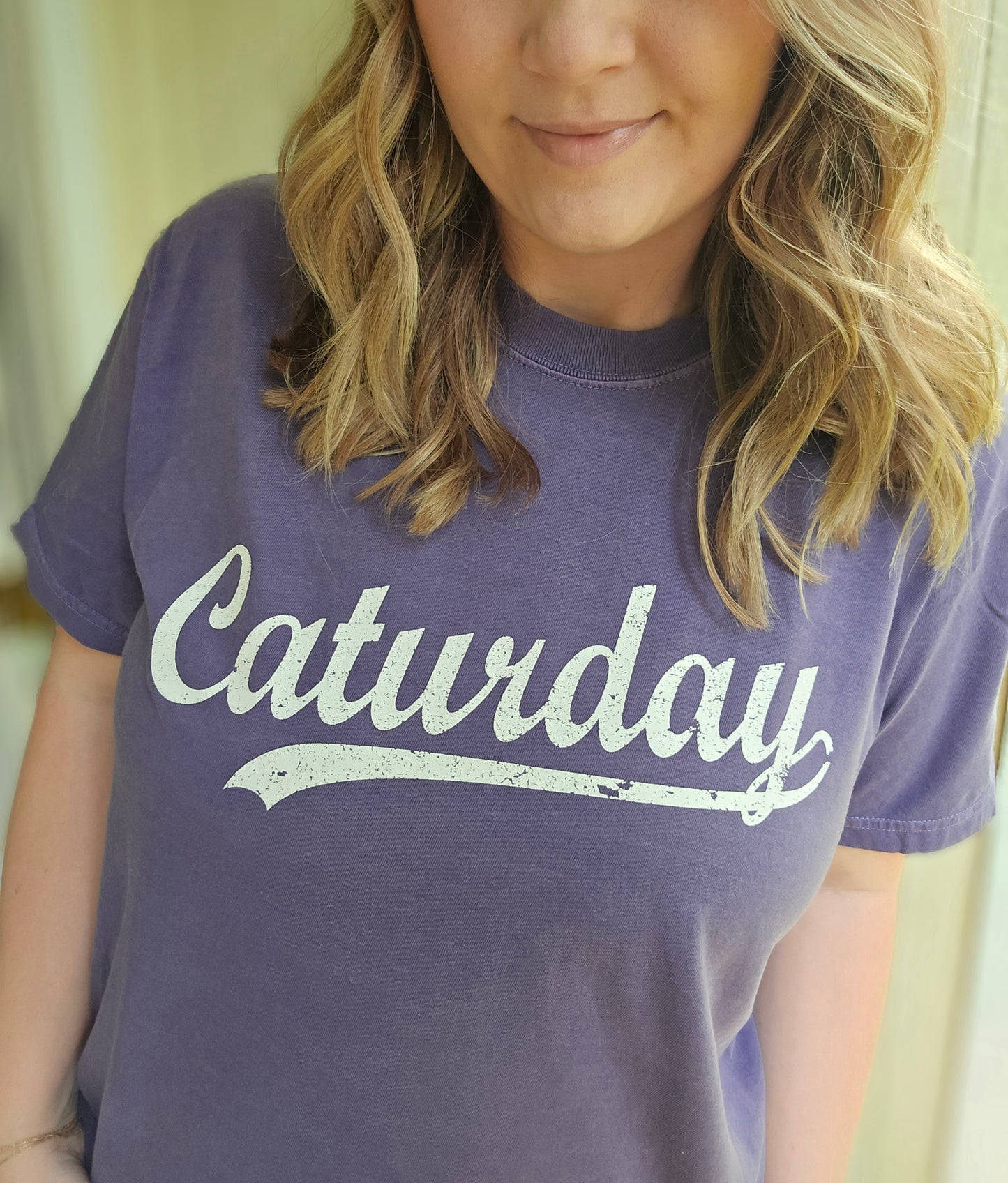 CAT-URDAY Purple Vintage Wash Short Sleeve Tee