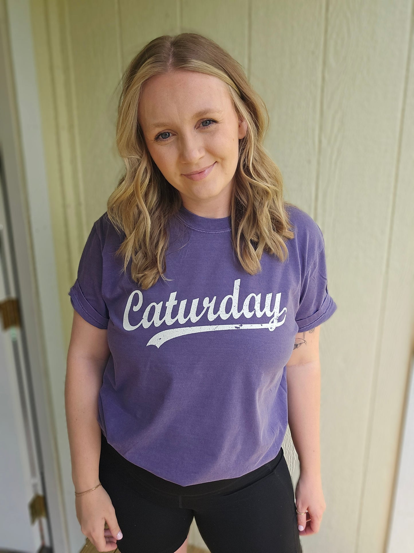 CAT-URDAY Purple Vintage Wash Short Sleeve Tee