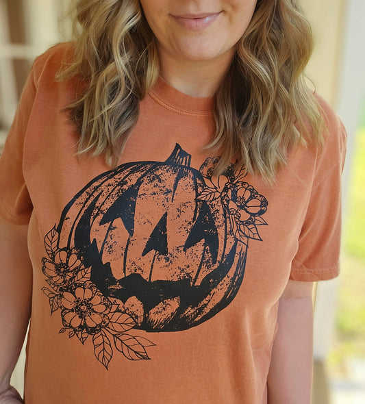 FLORAL PUMPKIN Burnt Orange Vintage Wash Short Sleeve Tee