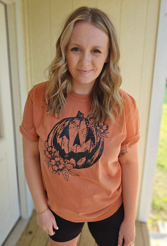 FLORAL PUMPKIN Burnt Orange Vintage Wash Short Sleeve Tee