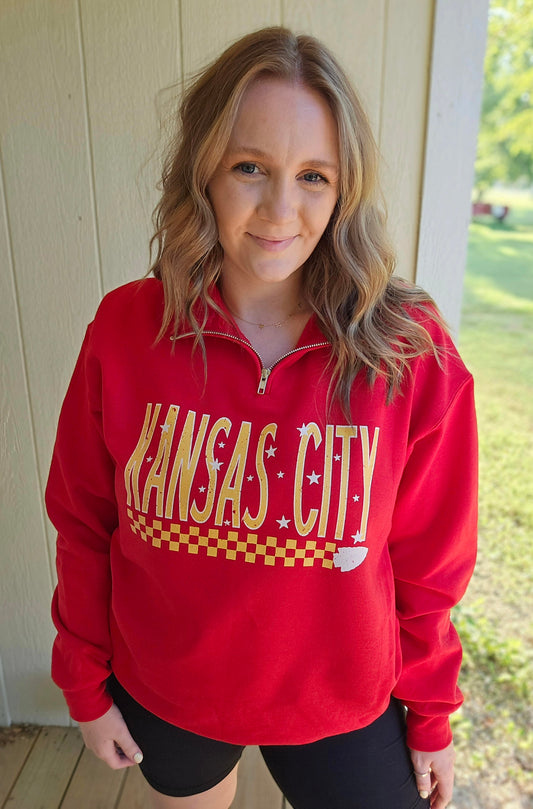 KANSAS CITY Checkered Red Quarter Zip Sweatshirt