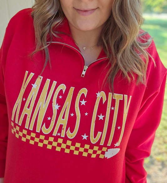 KANSAS CITY Checkered Red Quarter Zip Sweatshirt