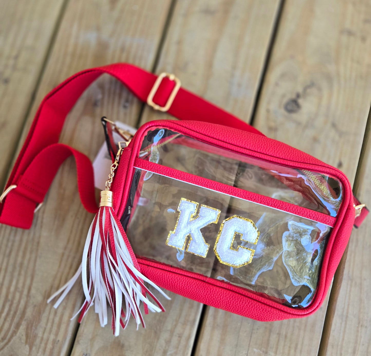 KC CHENILLE Red Chenille Clear Stadium Bag w/Tassel