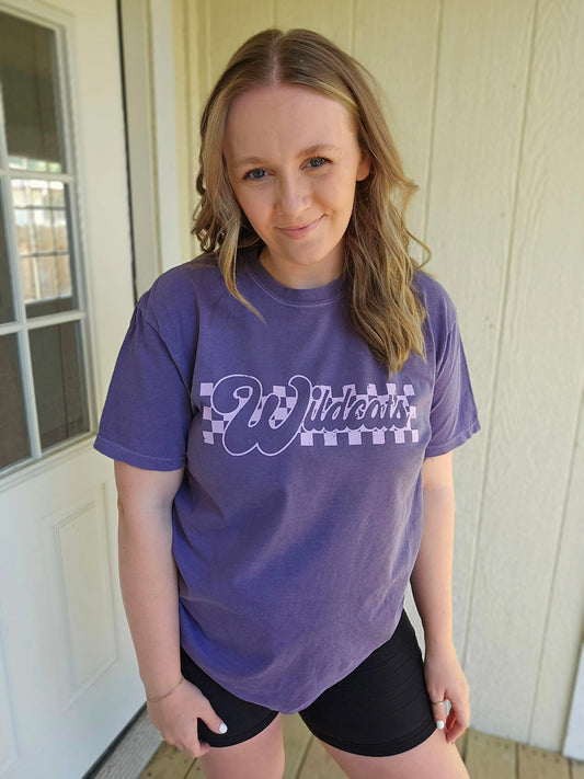 WILDCATS Lavender Checker Purple Vintage Wash Short Sleeve Tee