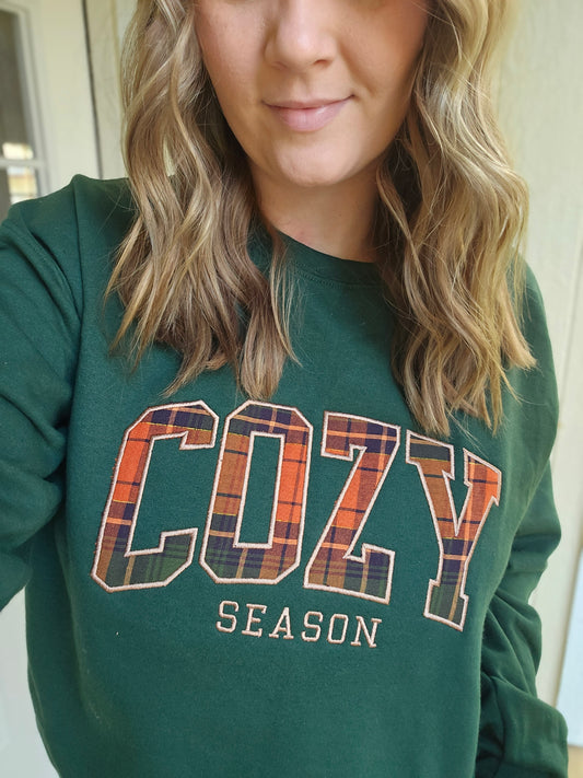 COZY SEASON Plaid Applique Embroidered Crewneck Sweatshirt