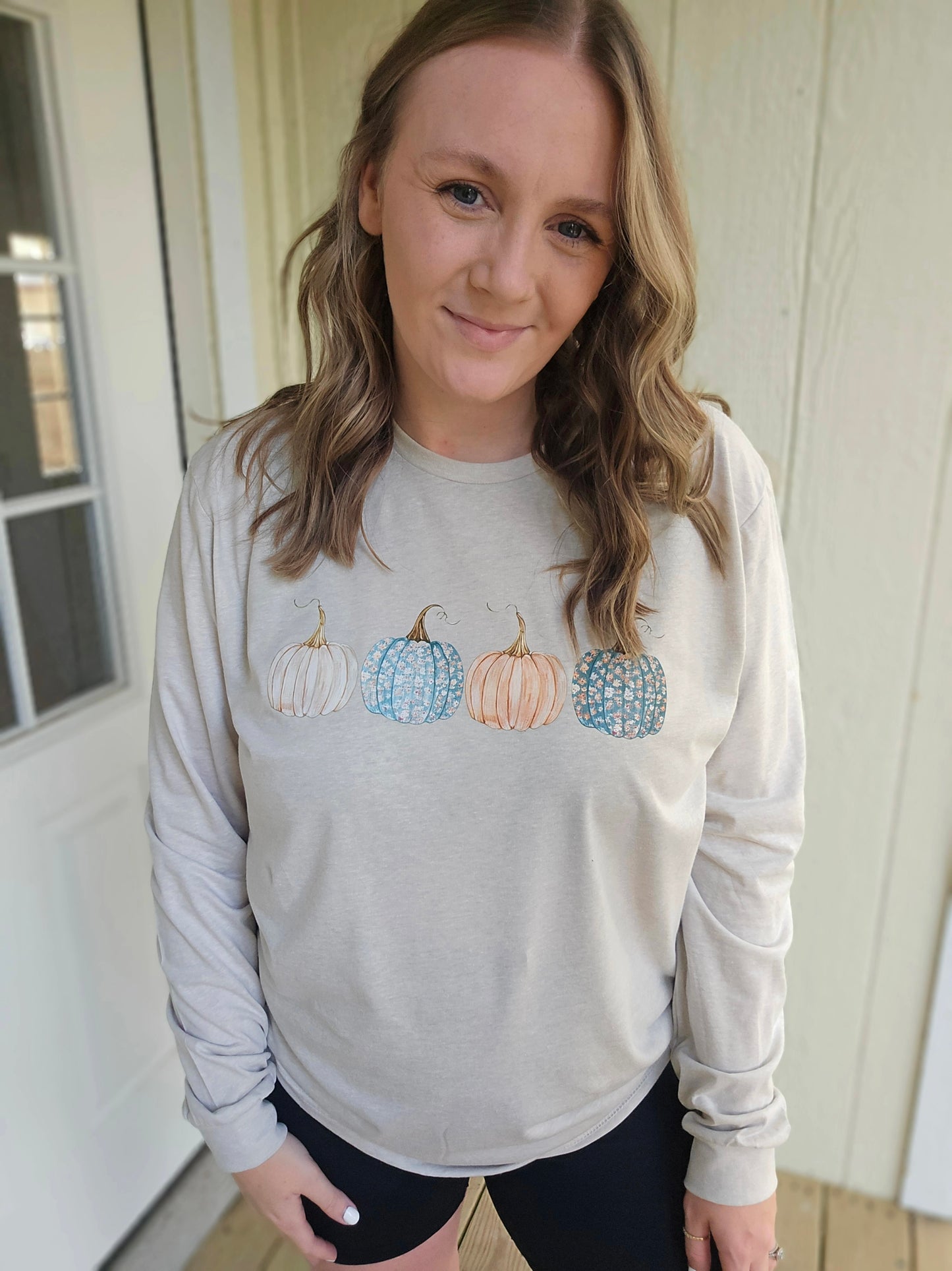 FLORAL PUMPKIN Heather Oatmeal Long Sleeve Tee