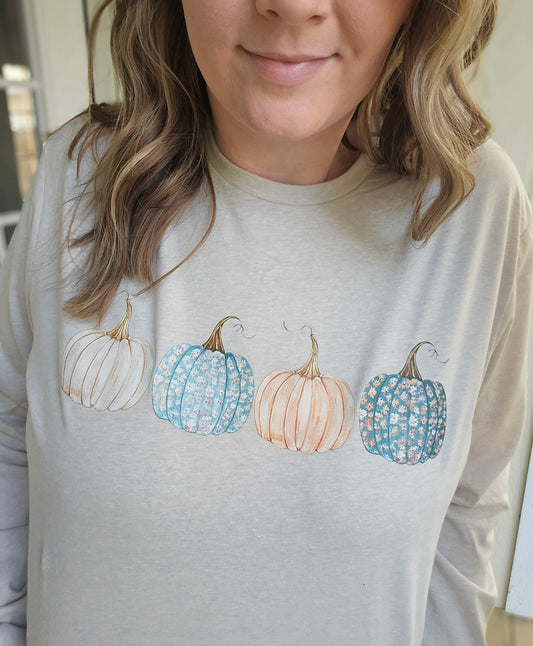 FLORAL PUMPKIN Heather Oatmeal Long Sleeve Tee