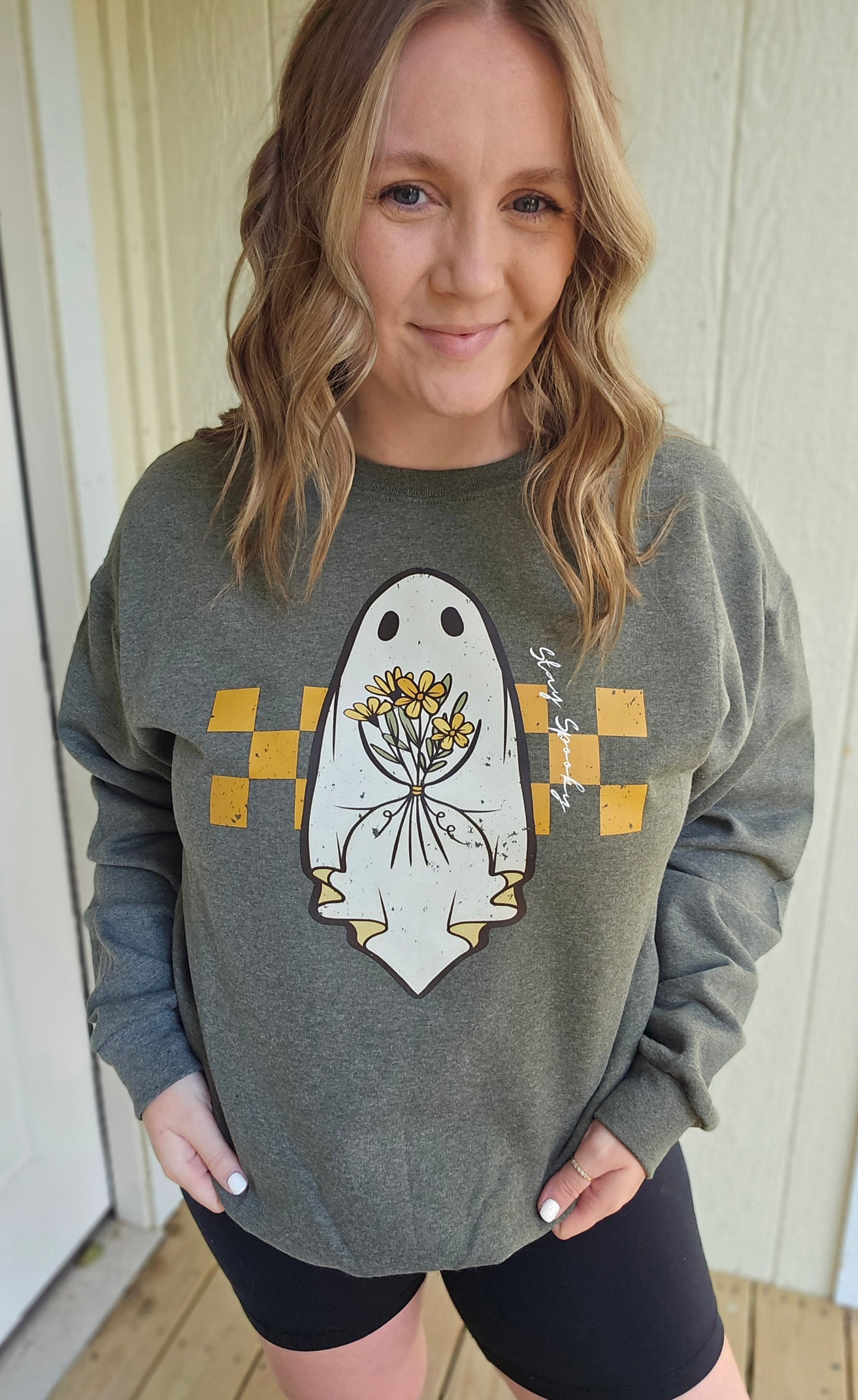 STAY SPOOKY Boho Ghost Heather Olive Crewneck Sweatshirt