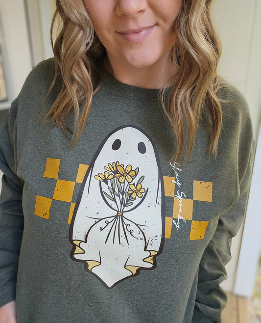 STAY SPOOKY Boho Ghost Heather Olive Crewneck Sweatshirt