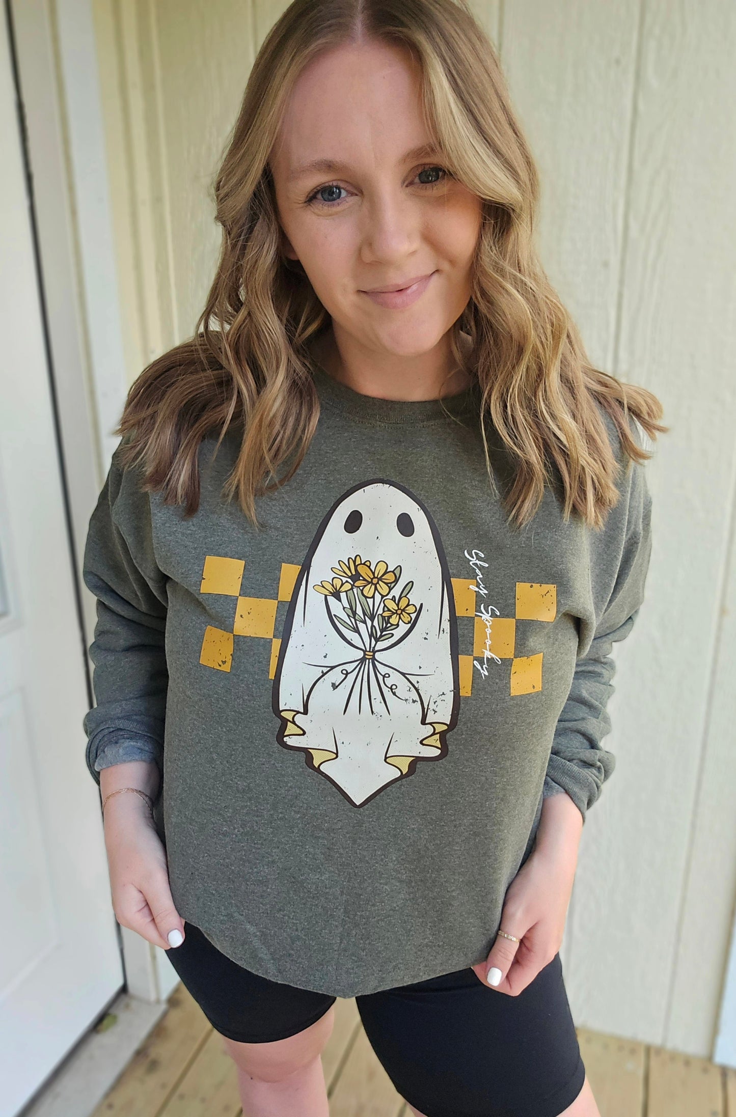 STAY SPOOKY Boho Ghost Heather Olive Crewneck Sweatshirt