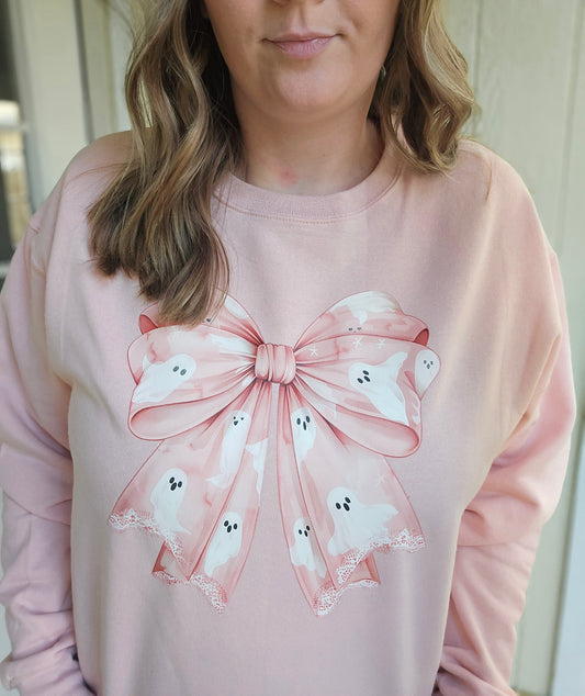 COQUETTE GHOST BOW Pink Crewneck Sweatshirt