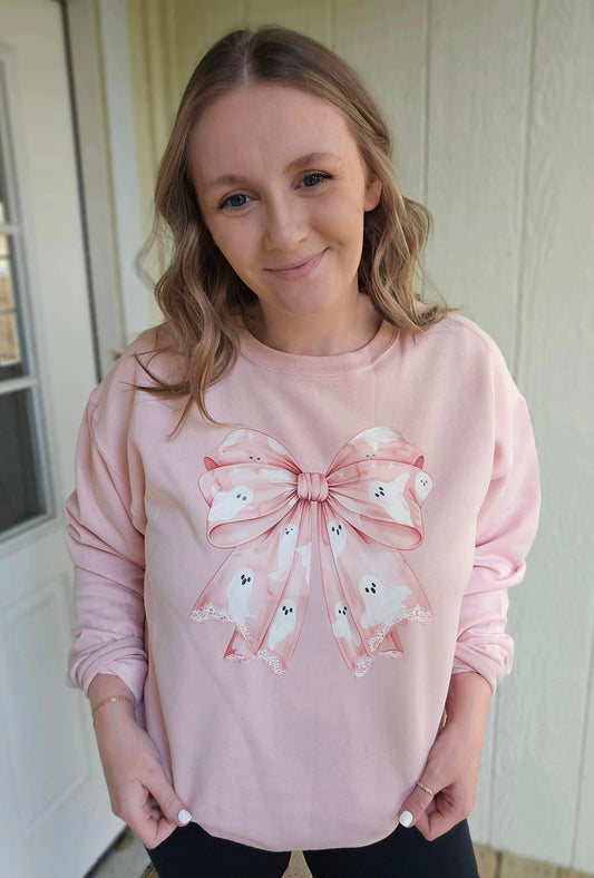 COQUETTE GHOST BOW Pink Crewneck Sweatshirt