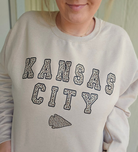 KANSAS CITY Varsity Leopard Sand Crewneck Sweatshirt