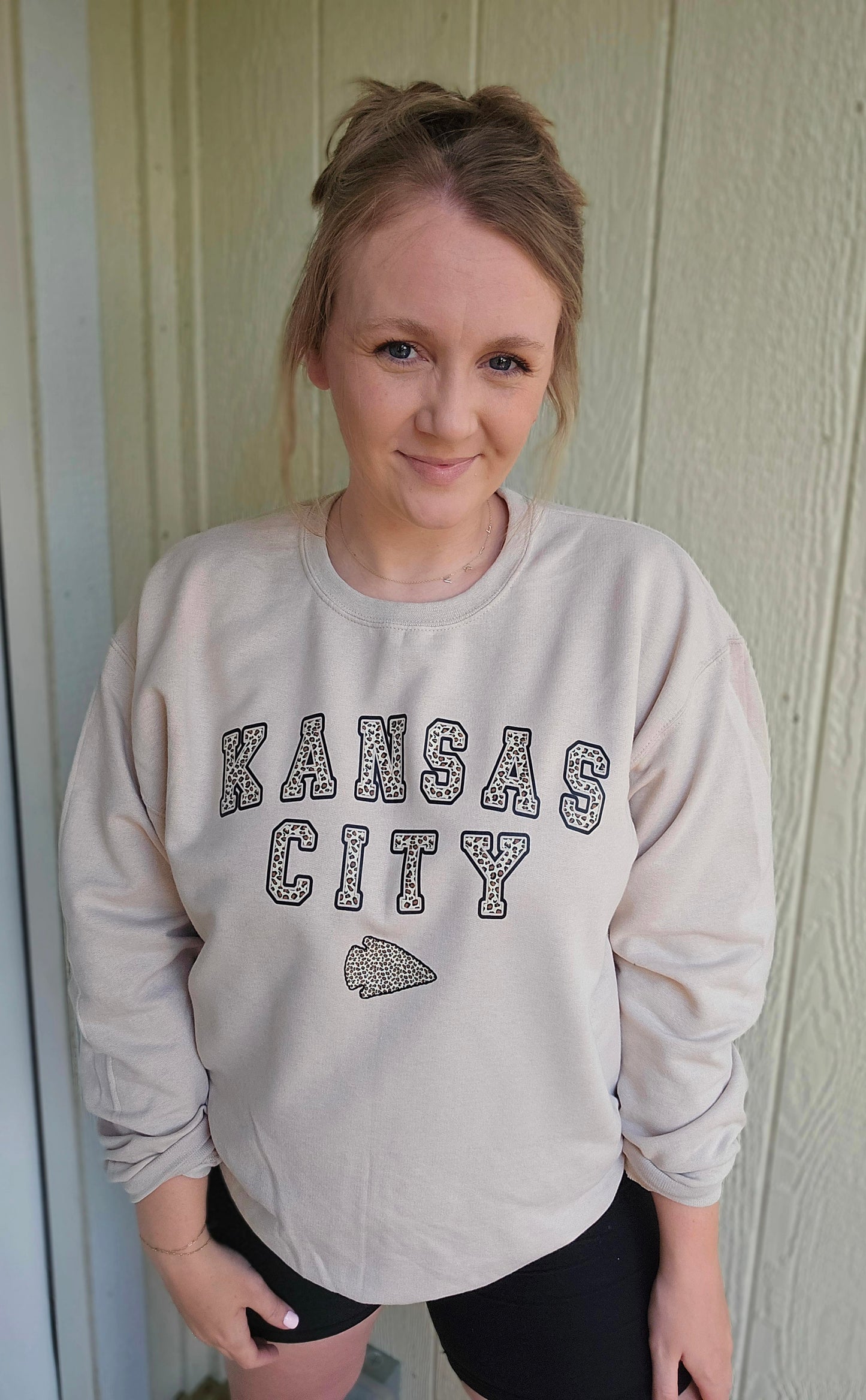 KANSAS CITY Varsity Leopard Sand Crewneck Sweatshirt