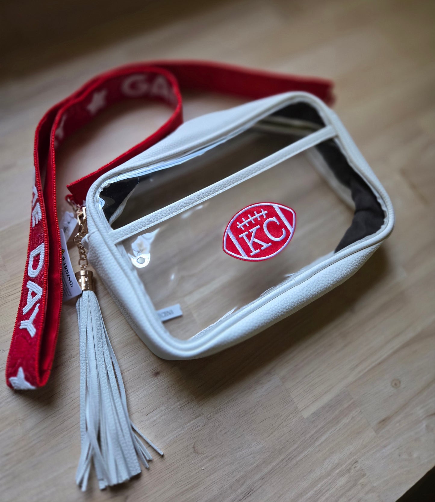 KC FOOTBALL Patch White Clear Stadium Bag w/Tassel