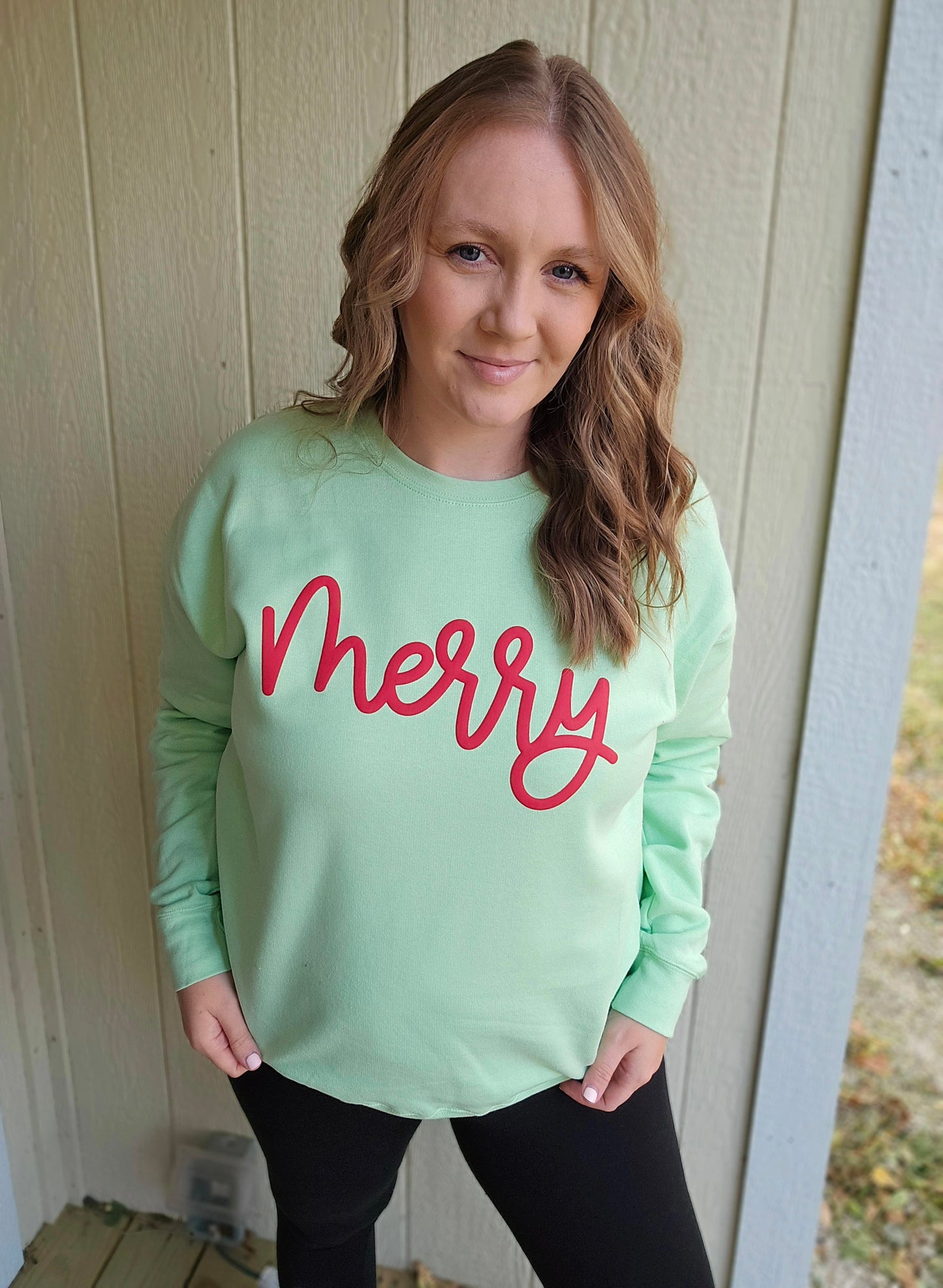 MERRY Script *PUFF* Mint Green Crewneck Sweatshirt