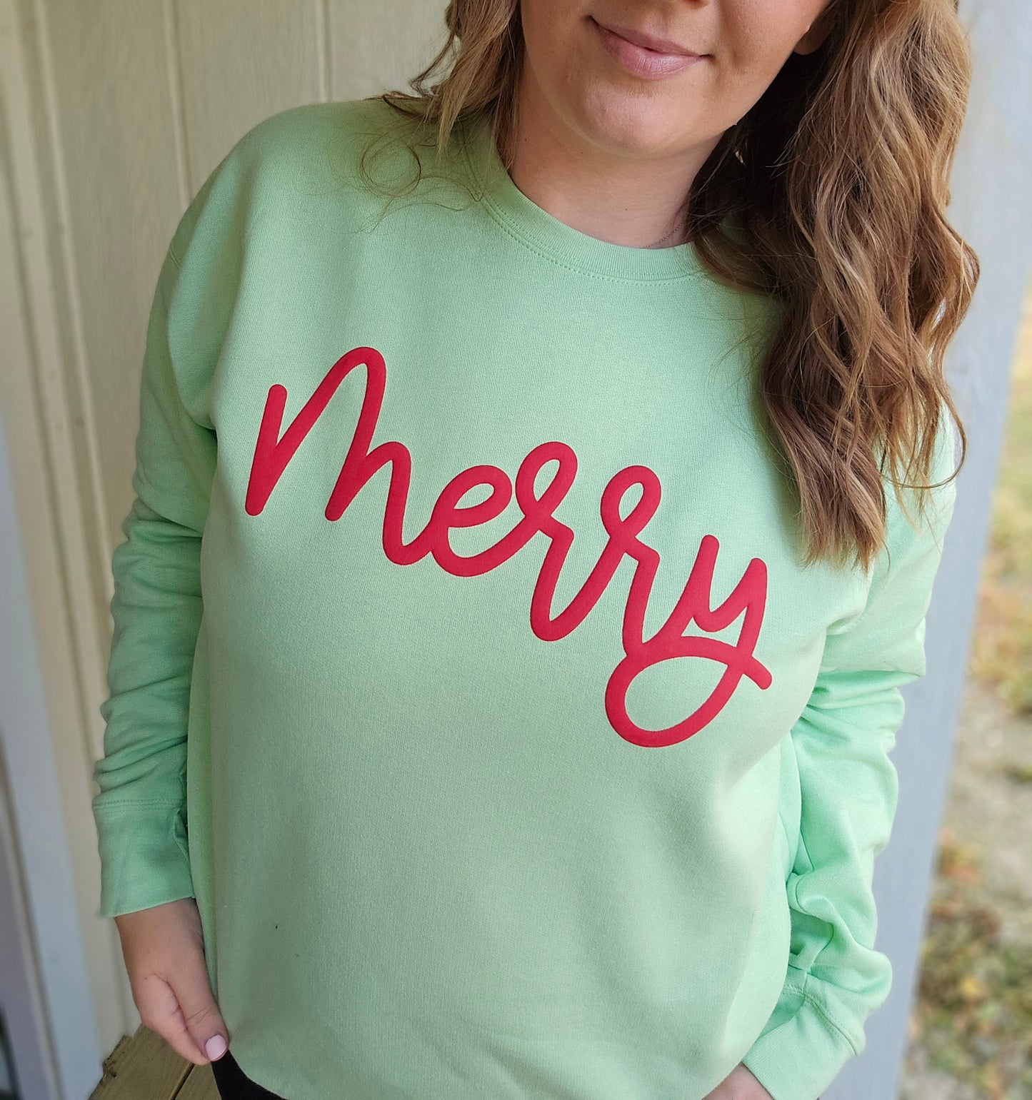 MERRY Script *PUFF* Mint Green Crewneck Sweatshirt