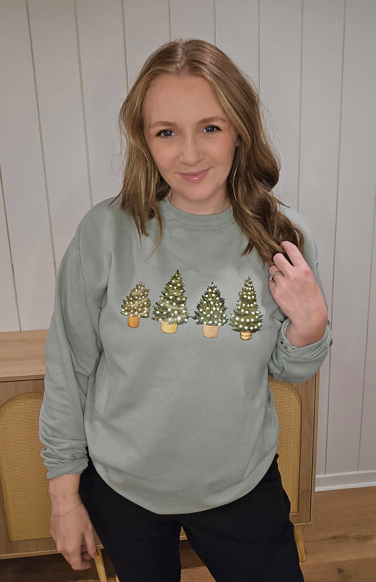 POTTED CHRISTMAS TREES Sage Green Crewneck Sweatshirt