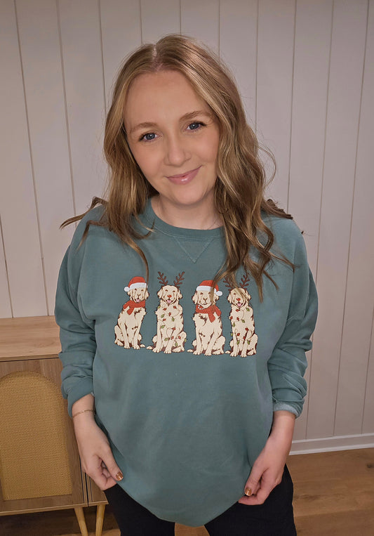 CHRISTMAS GOLDENS Green Vintage Wash Crewneck