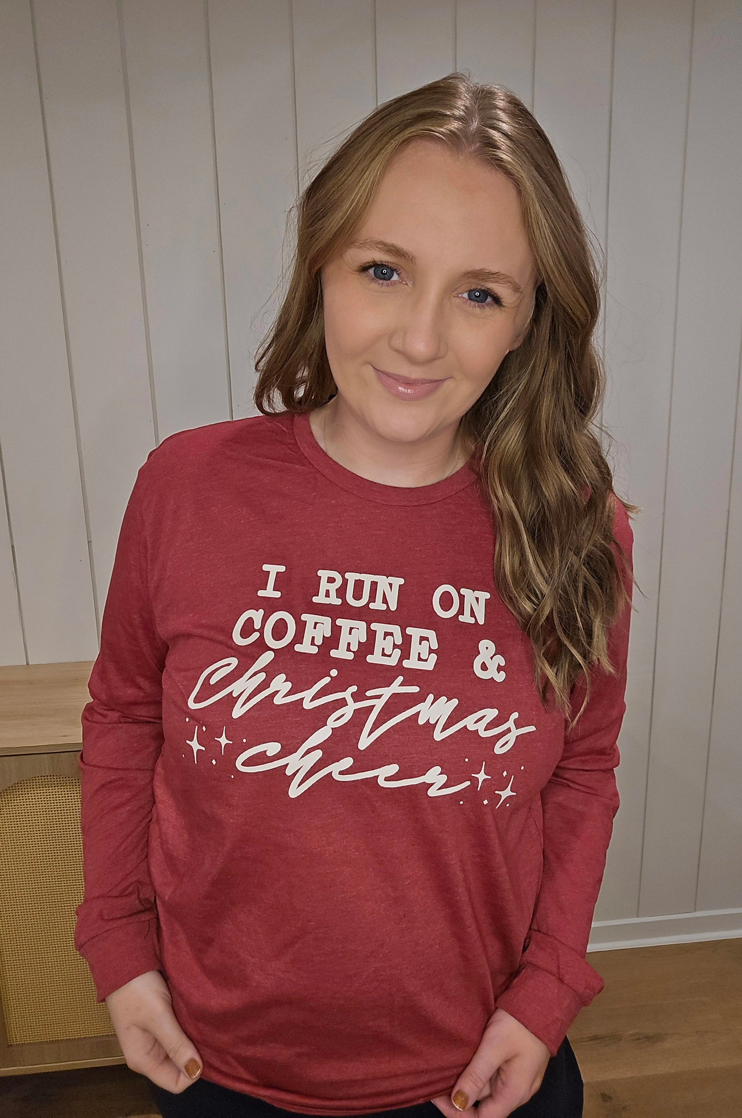 RUN ON COFFEE AND CHRISTMAS CHEER Heather Red Long Sleeve Tee