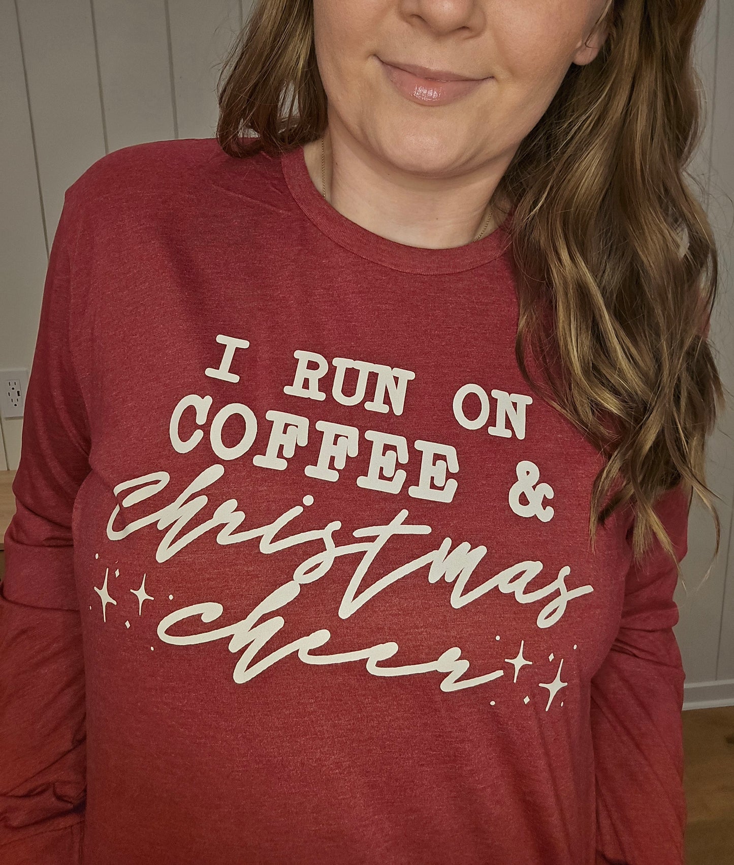 RUN ON COFFEE AND CHRISTMAS CHEER Heather Red Long Sleeve Tee