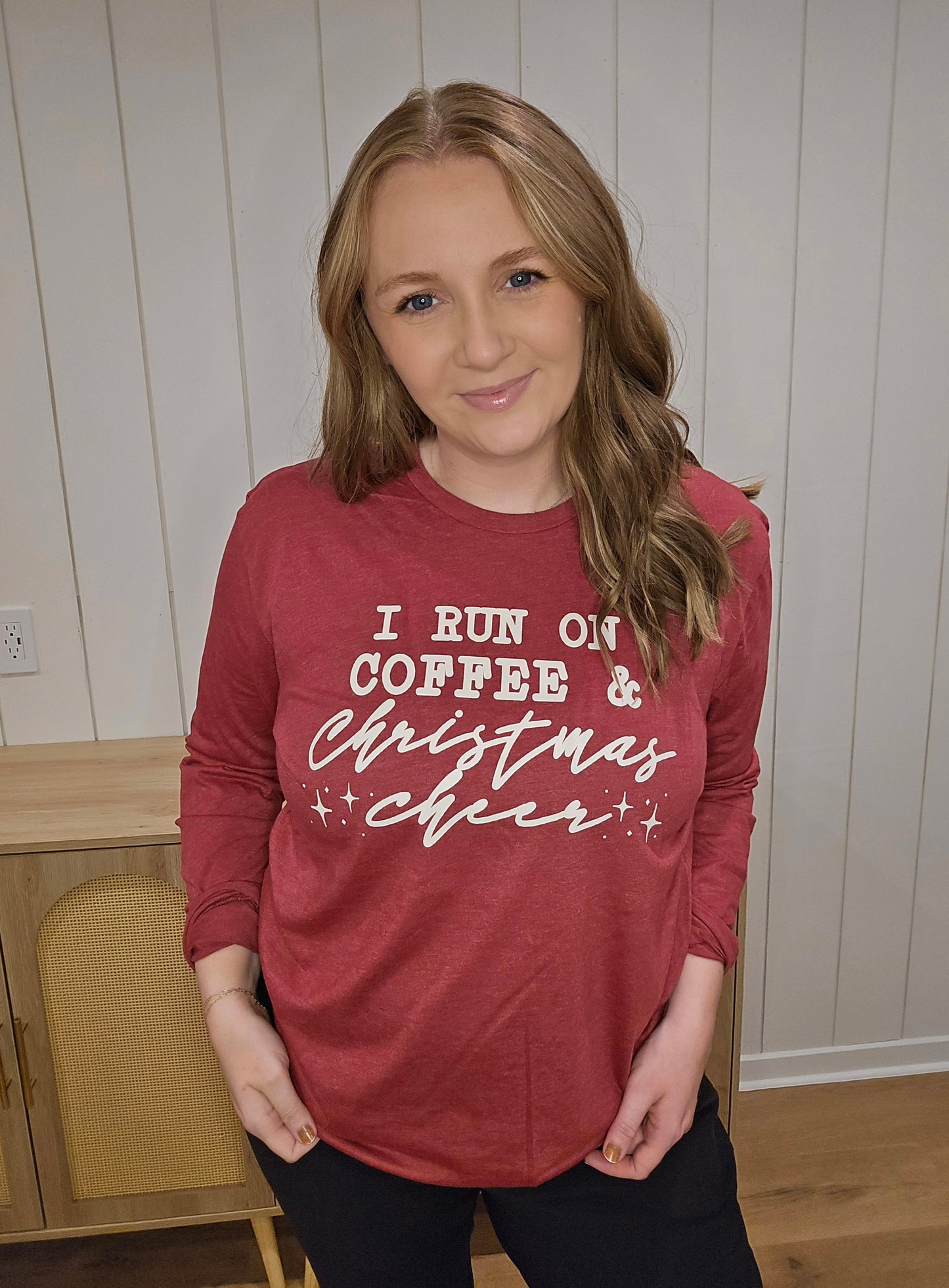 RUN ON COFFEE AND CHRISTMAS CHEER Heather Red Long Sleeve Tee