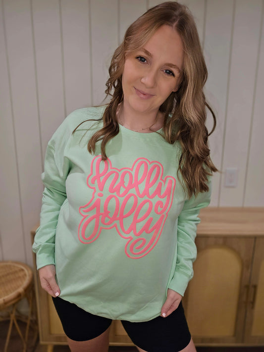 HOLLY JOLLY Script *PUFF* Mint Green Crewneck Sweatshirt