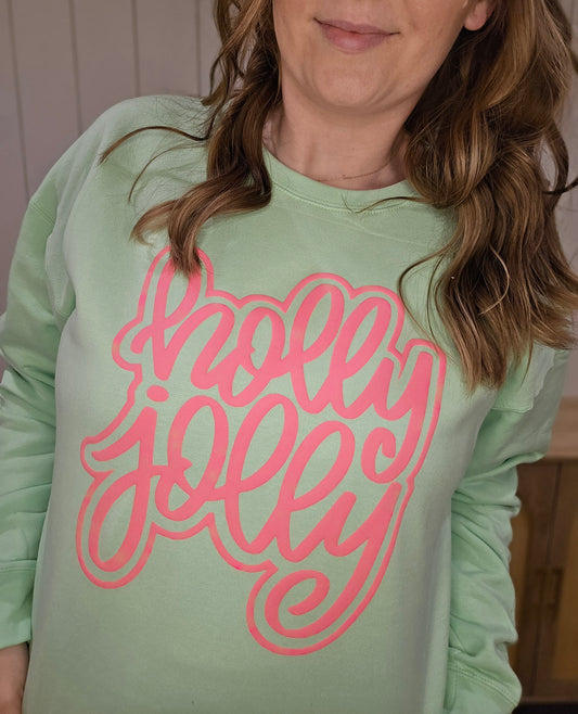 HOLLY JOLLY Script *PUFF* Mint Green Crewneck Sweatshirt