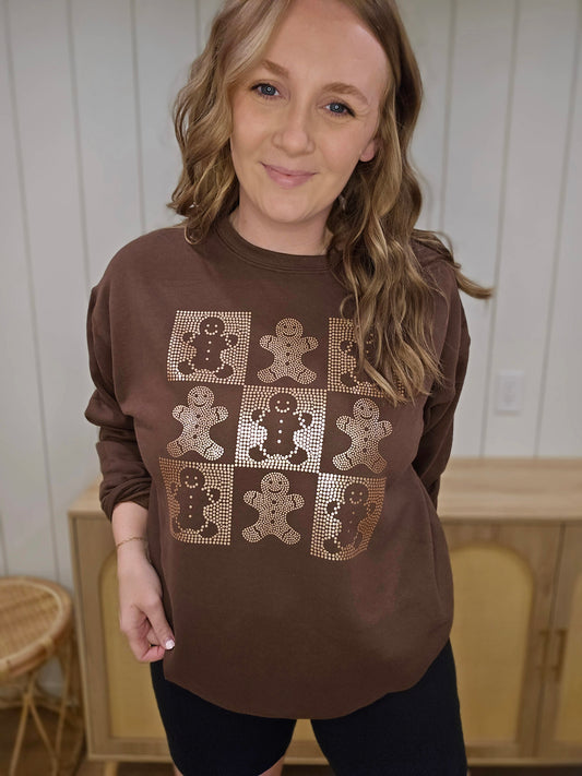 CHECKERED GINGERBREAD *Spangle* Mocha Crewneck Sweatshirt