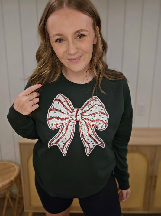 CHRISTMAS TREE BOW Sequin Dark Green Crewneck Sweatshirt