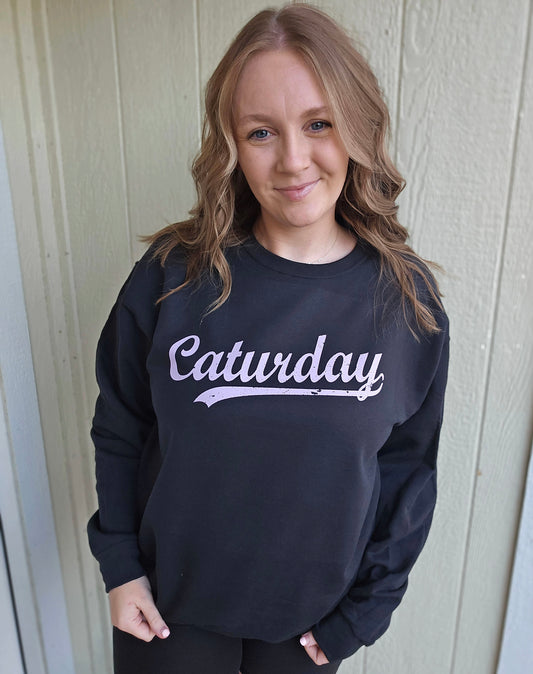 CAT-URDAY Lavender Script Black Crewneck Sweatshirt