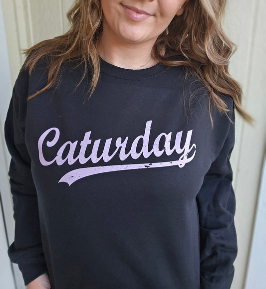 CAT-URDAY Lavender Script Black Crewneck Sweatshirt