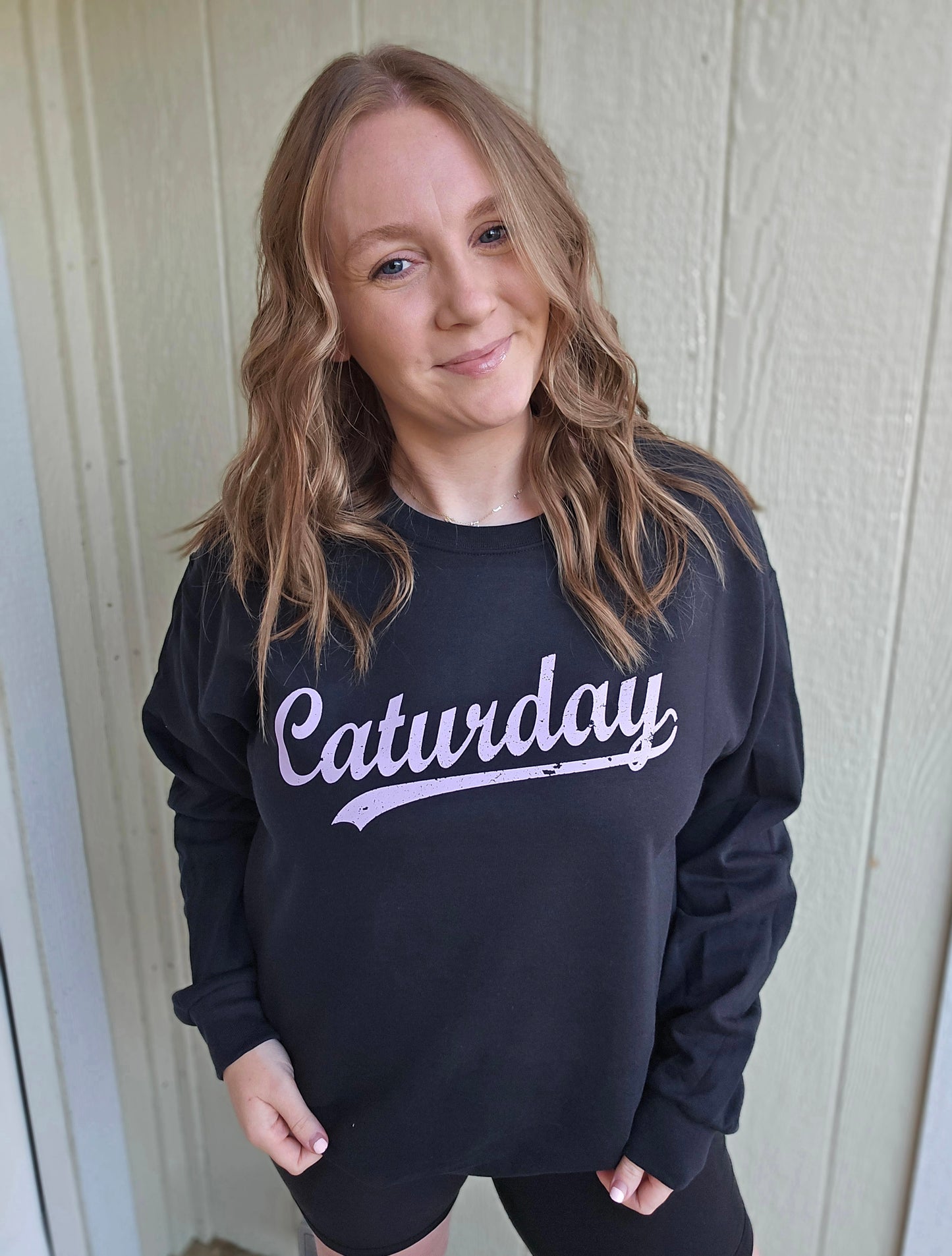 CAT-URDAY Lavender Script Black Crewneck Sweatshirt