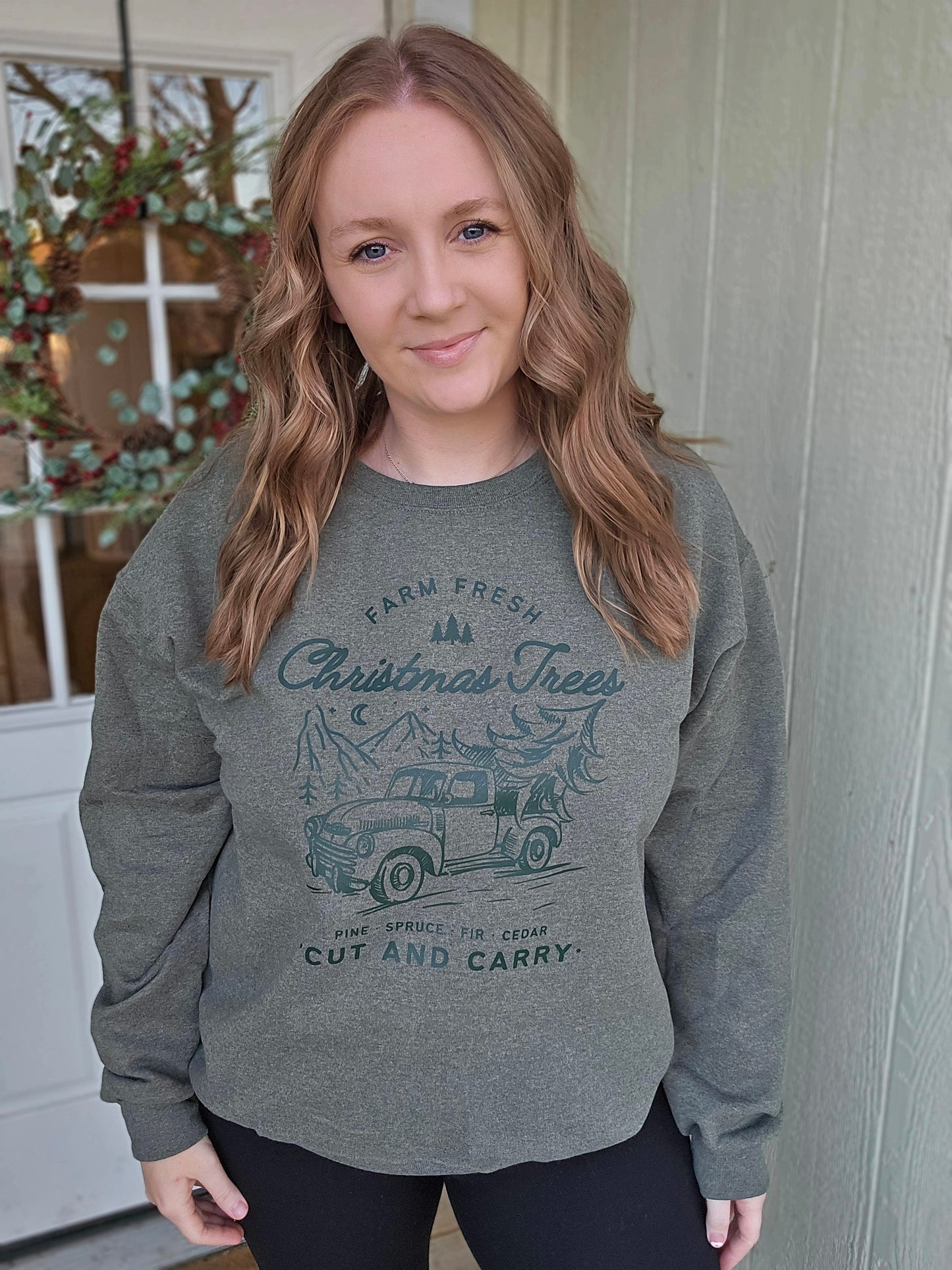 FARM FRESH CHRISTMAS TREES Heather Olive Crewneck Sweatshirt