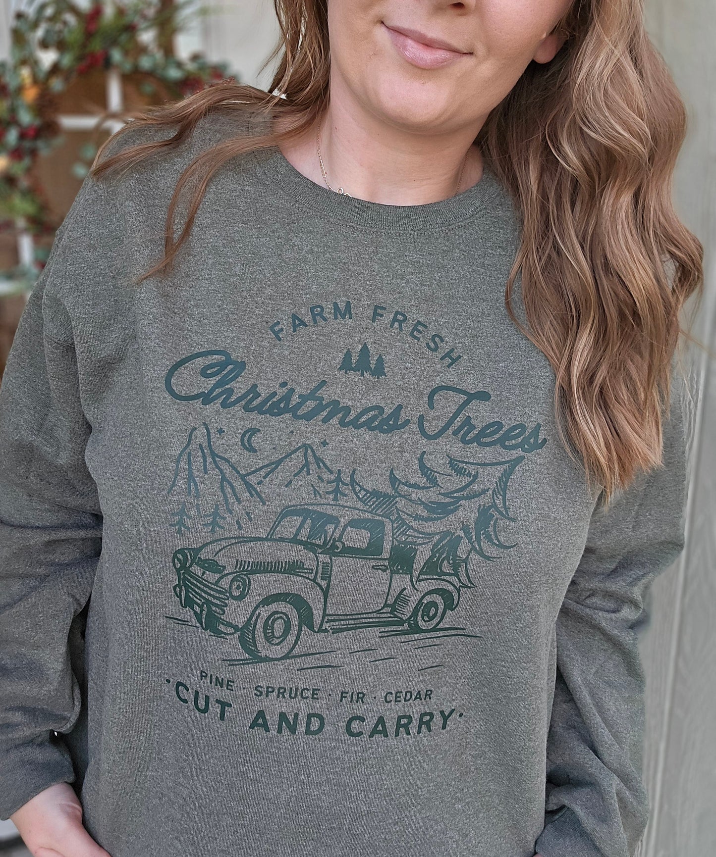 FARM FRESH CHRISTMAS TREES Heather Olive Crewneck Sweatshirt