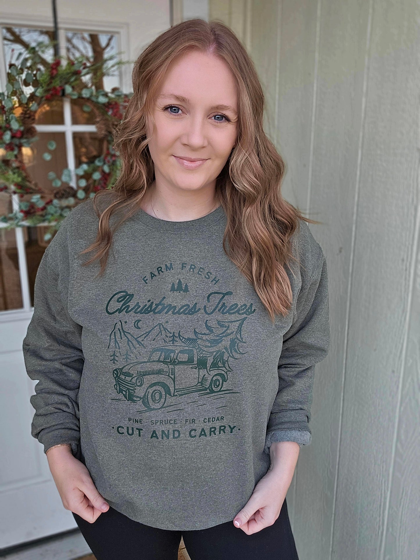 FARM FRESH CHRISTMAS TREES Heather Olive Crewneck Sweatshirt